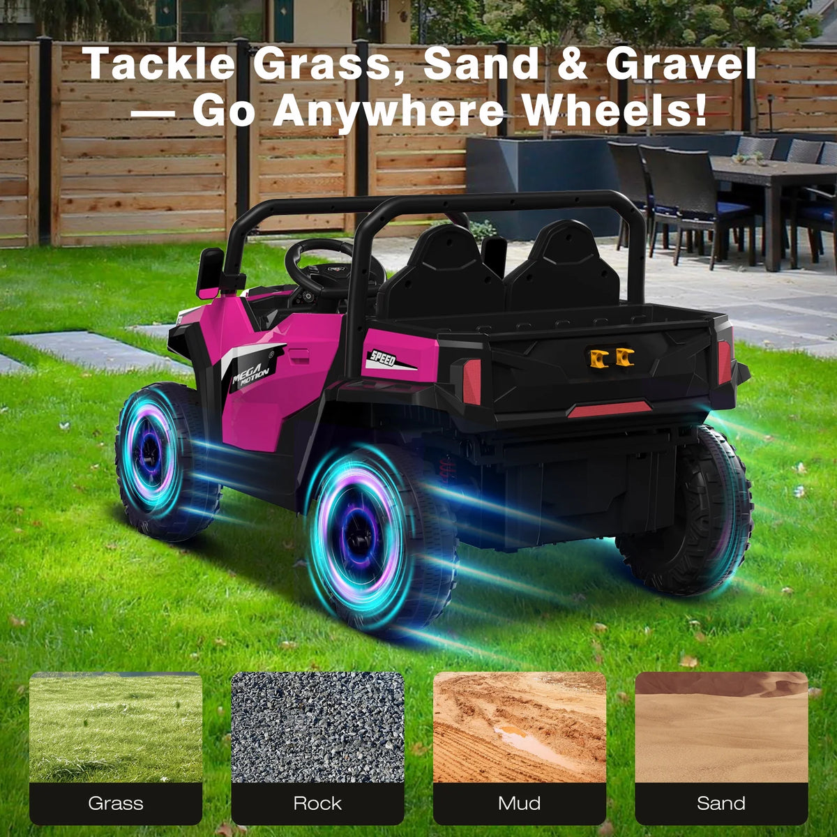 Mega Motion 24V Kids Electric Ride-On UTV Truck with 4WD, Dump Bed, 2 Seats, LED Lights, Music, Remote Control, Shovel, for Boys & Girls