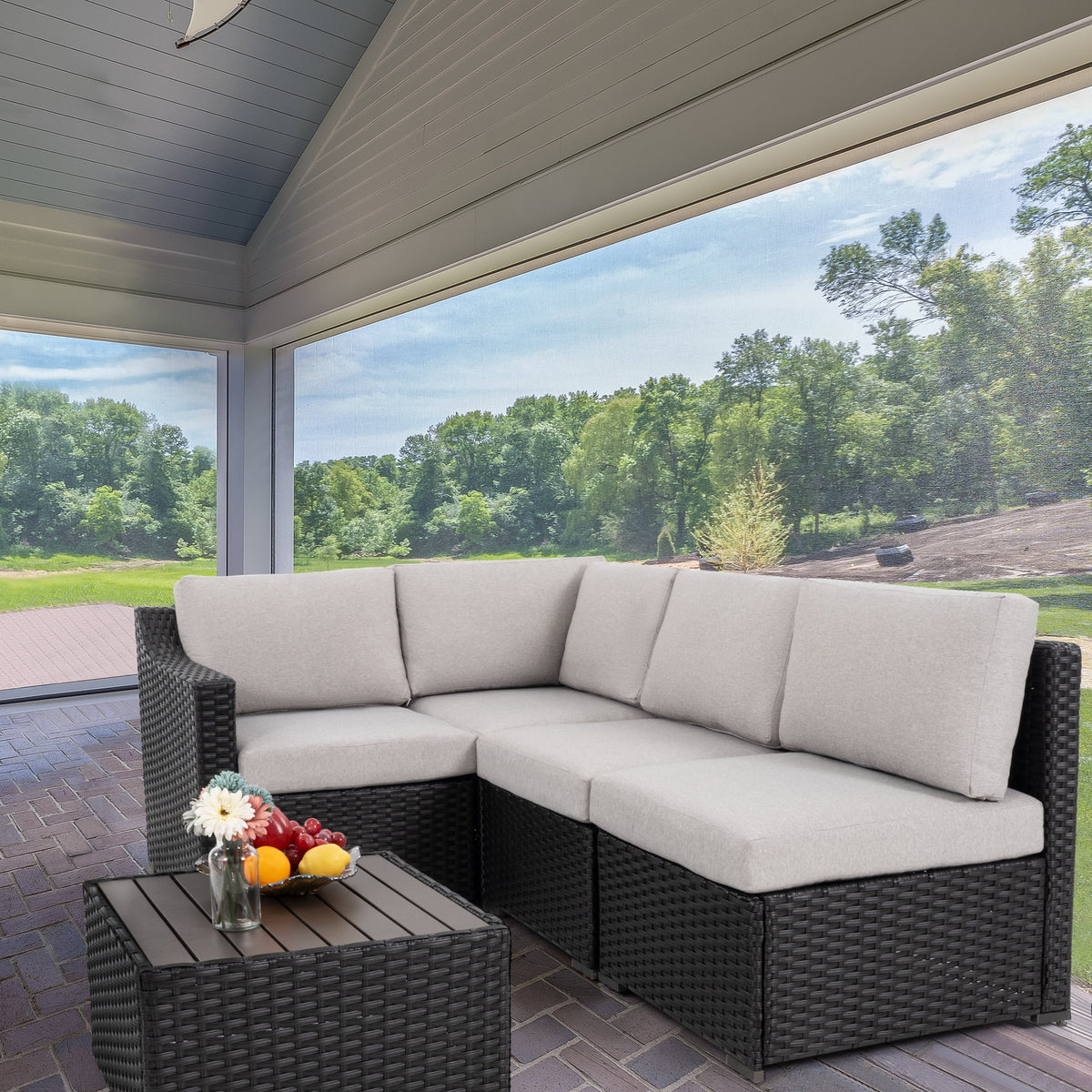 HAPPATIO 5-Piece Wicker Patio Conversation Set with Beige Cushions