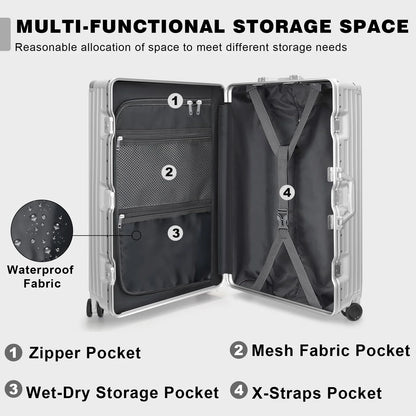 Luggage Aluminium Frame PC ABS Hardshell Suitcase with Spinner Wheels TSA Lock Zipperless Luggage 28 inch Silver