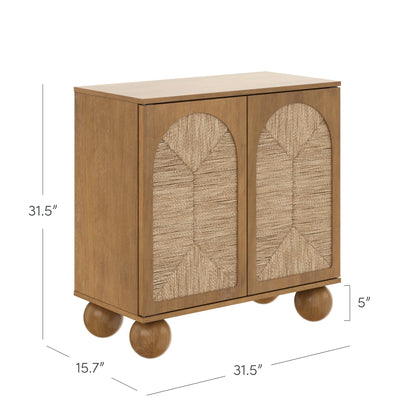 Nathan James Leah Boho Entryway Storage Cabinet or Sideboard Cabinet for Kitchen or Living Room with Ball-Style Feet, Natural Seagrass Door Fronts and Solid Wood Legs, Raw Oak