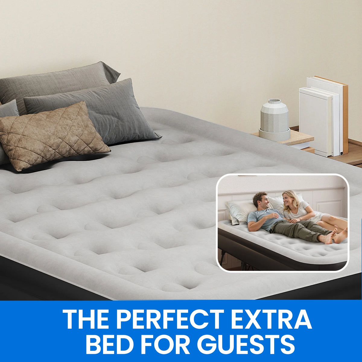 Dextrus Inflatable Queen Air Mattress with Built-in Pump, Frame, Velvet Surface & Portable Storage Case, Khaki