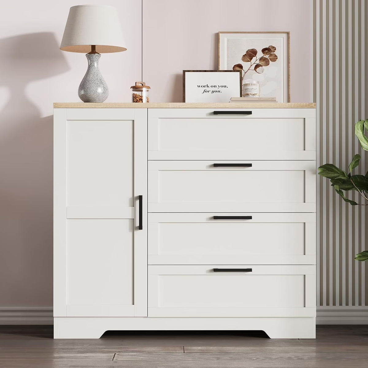 43.3" H Armoire Wardrobe Closet with 4 Drawers & Hanging Rod, Multifunctional Wood Storage Cabinet for Bedroom, Natural Oak