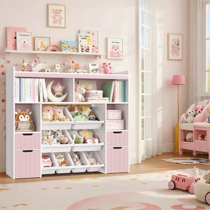 Homfa Kids Toy Storage Organizer with Cubby, Kids Toy Storage Chest with Removable Drawers, Kids Bookcase for Playroom Bedroom Living Room, Pink