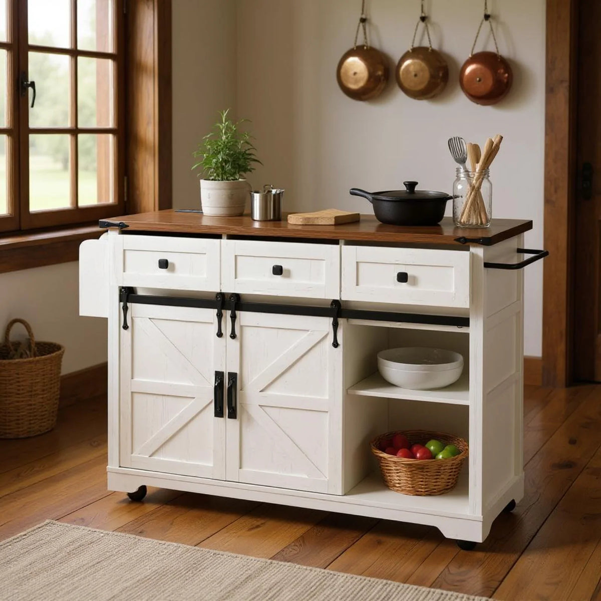 Homy Casa Farmhouse 53.7" Kitchen Island with Storage Cabinet, Sliding Barn Doors, and Wheels, White Oak