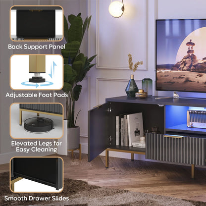 Bestier 55" LED TV Stand for TVs up to 60" Modern High Gloss Entertainment Center with Drawers Cabinets Fluted TV Console, White & Gold