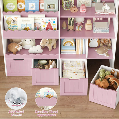 Hiphuta 47"Wide Large Kids Bookcase, Wood Bookshelf Toy Storage Organizer with Book Rack & Movable Boxes, White Bookshelf for Kids Room