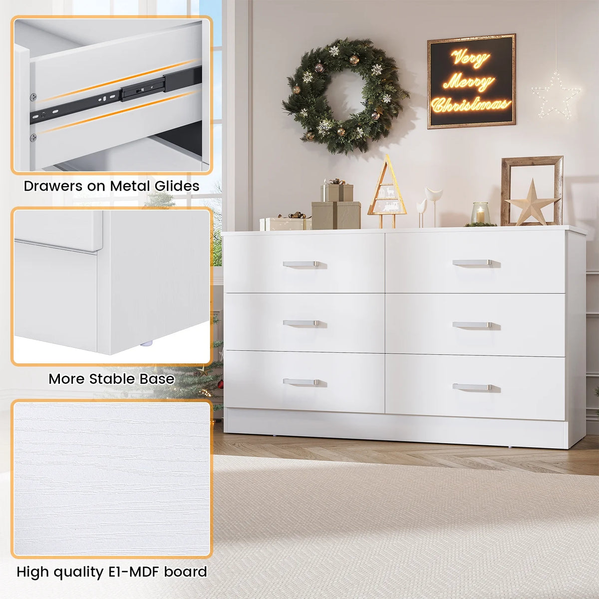 Winkalon 6 Drawer White Double Dresser, Wood Storage Cabinet with Easy Pull Out Handles for Living Room,Chest of Drawers for Bedroom