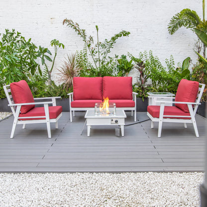 LeisureMod Walbrooke Modern Aluminum 5-Piece Patio Conversation Set with Outdoor Square Fire Pit Table with Slats Design & Side Table Tank Holder (Green)