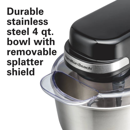 Hamilton Beach 4 Quart Stand Mixer for Kitchen, 7 Speeds, Tilt-Head, Dough Hook, Whisk & Flat Beater, White