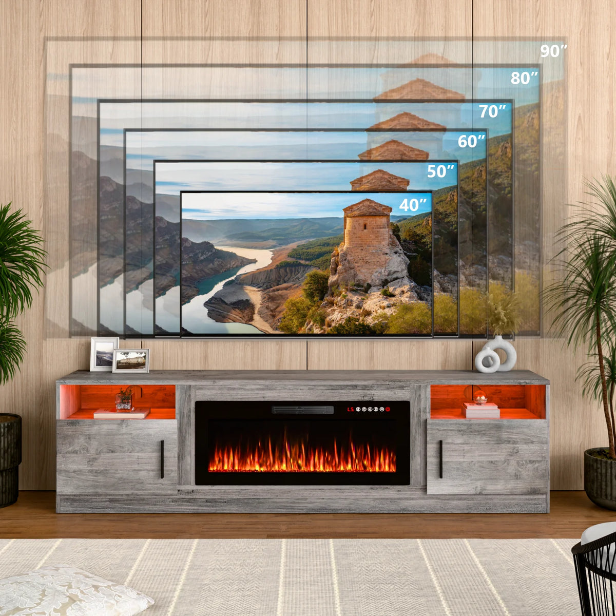 Waleaf Fireplace TV Stand with 36" Electric Fireplace Up to 80" TVs, Modern Wood Media TV Console with Highlight Cabinet, White