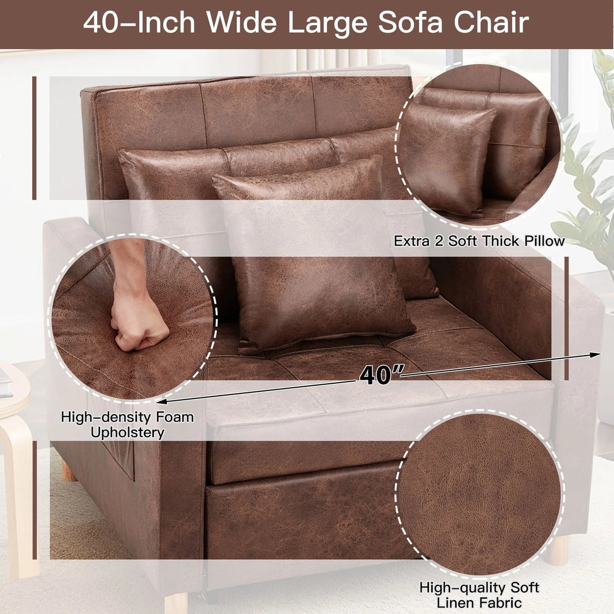 YODOLLA 3-in-1 Sofa Bed Chair, Convertible Sleeper Chair Bed-Saddle Brown