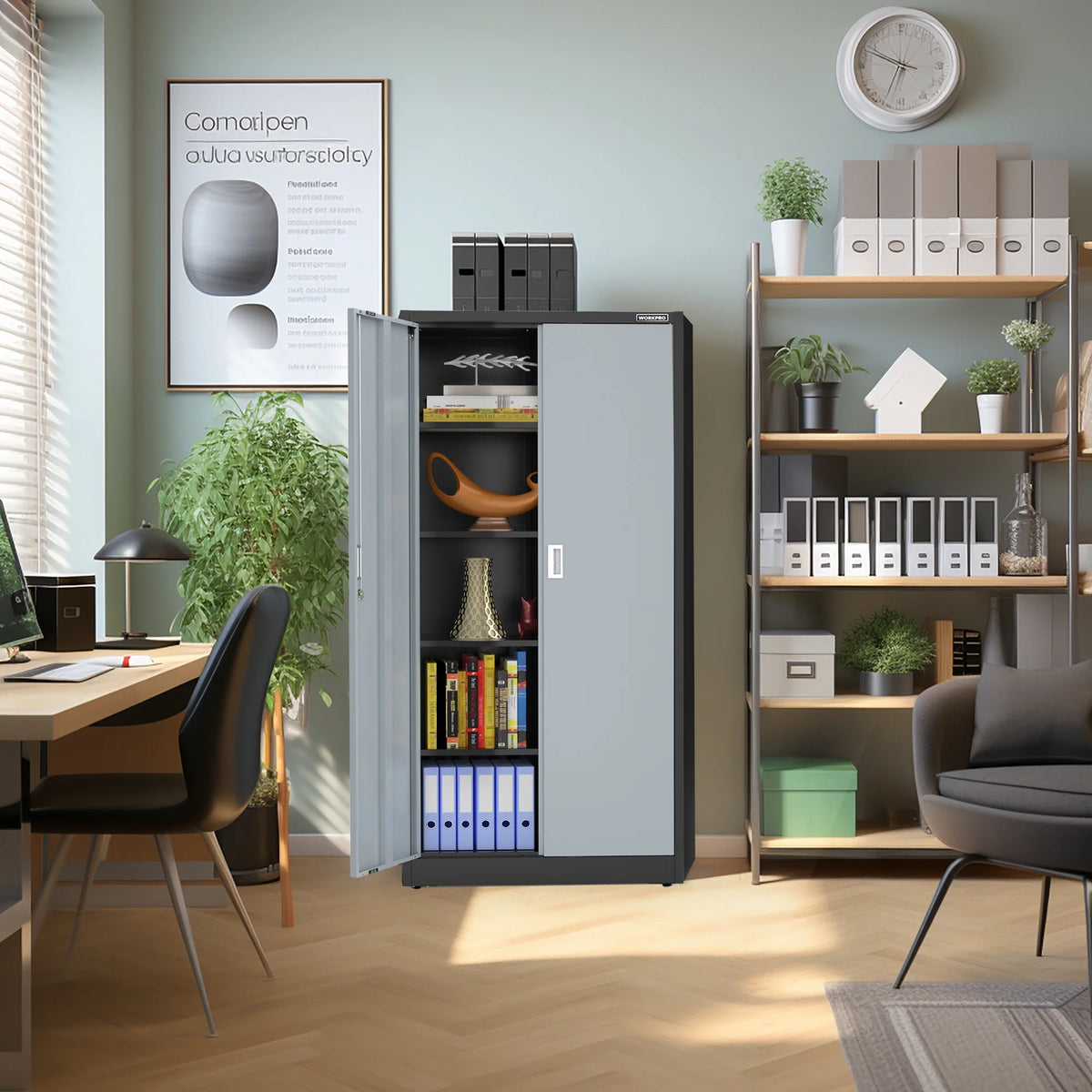 WORKPRO Metal Garage Storage Cabinet with Locking Doors and Adjustable Shelves,71 inches Tall Storage Cabinet for Tools, Office, Home, Shops (Black), Solid Packed