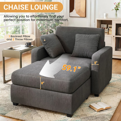 LUMIHO Chaise Lounge Chair Indoor, 42" Sleeper Chair with Two Throw Pillows and Armrests, Corduroy Chaise Couch Chair with Ottoman for Living Room, Bedroom, Apartment, Green