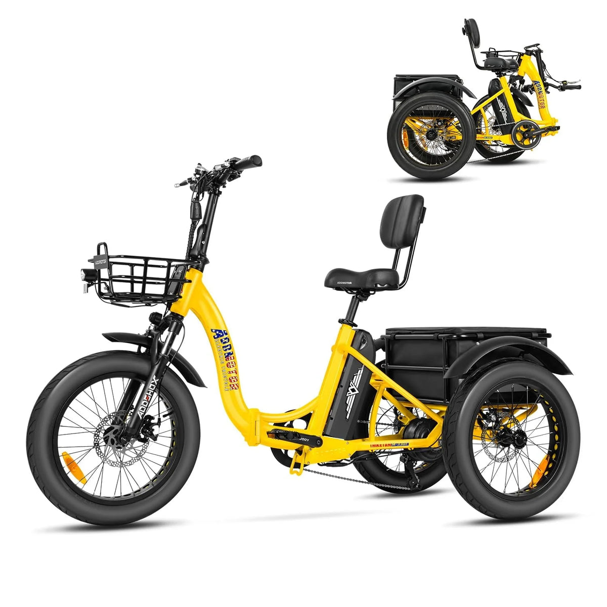 Addmotor Electric Trike, 750W Foldable Electric Tricycle, Folding Electric Trike for Adults,48V 20Ah Removable Battery,20" Fat Tire Electric Trikes with Rear Speed Differential,M-330F Yellow