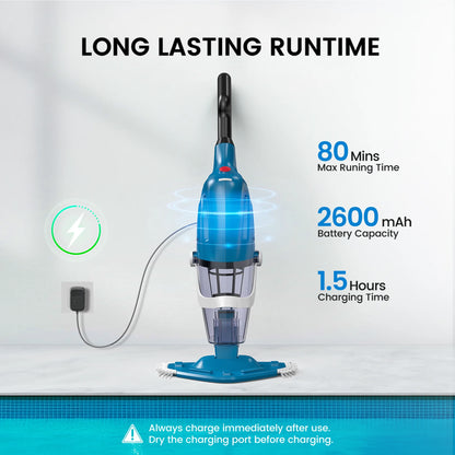 Cordless Pool Vacuum Cleaner, Handheld Pool Vacuum with 80-Minute Runtime for Above & In-Ground Pools, Spas and Hot Tubs, Strong Suction Power, Fast Charging