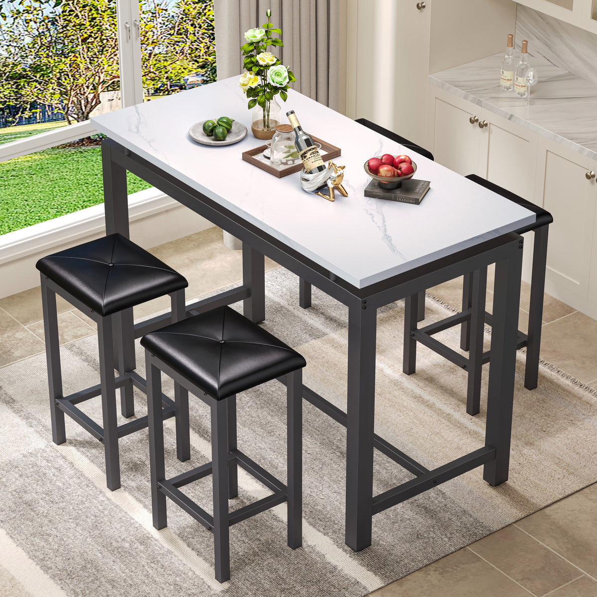 Counter Height Table Set of 5, Breakfast Bar Table and Stool Set, Minimalist Dining Table with Backless Stools, Wood Top Pub Table & Chair Set for Kitchen Apartment Bistro - Space Saving