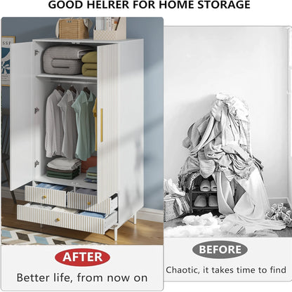 Armoire Wardrobe Closet, Closet Wardrobe Cabinet with Drawers and Hanging Rail for Bedroom, White