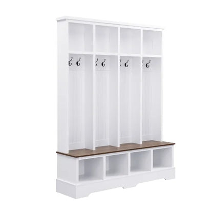 Farmhouse Hall Tree with Bench, 59" Wide Entryway Organizer with 8 Hooks & Storage Compartments, Modern Coat Rack & Shoe Bench for Mudroom,White