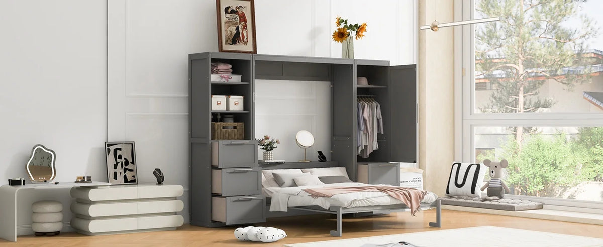 Newest Queen Size Murphy Bed Wall Bed with Closet ,Drawers , Shelves,Gray