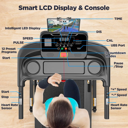 Treadmill 300 LB Capacity for Home with Incline, Folding Electric Running Walking Treadmill, Portable Treadmill for Home Use, 7.5 MPH, Smart Apps, 64+7 Programs, Bluetooth Speakers