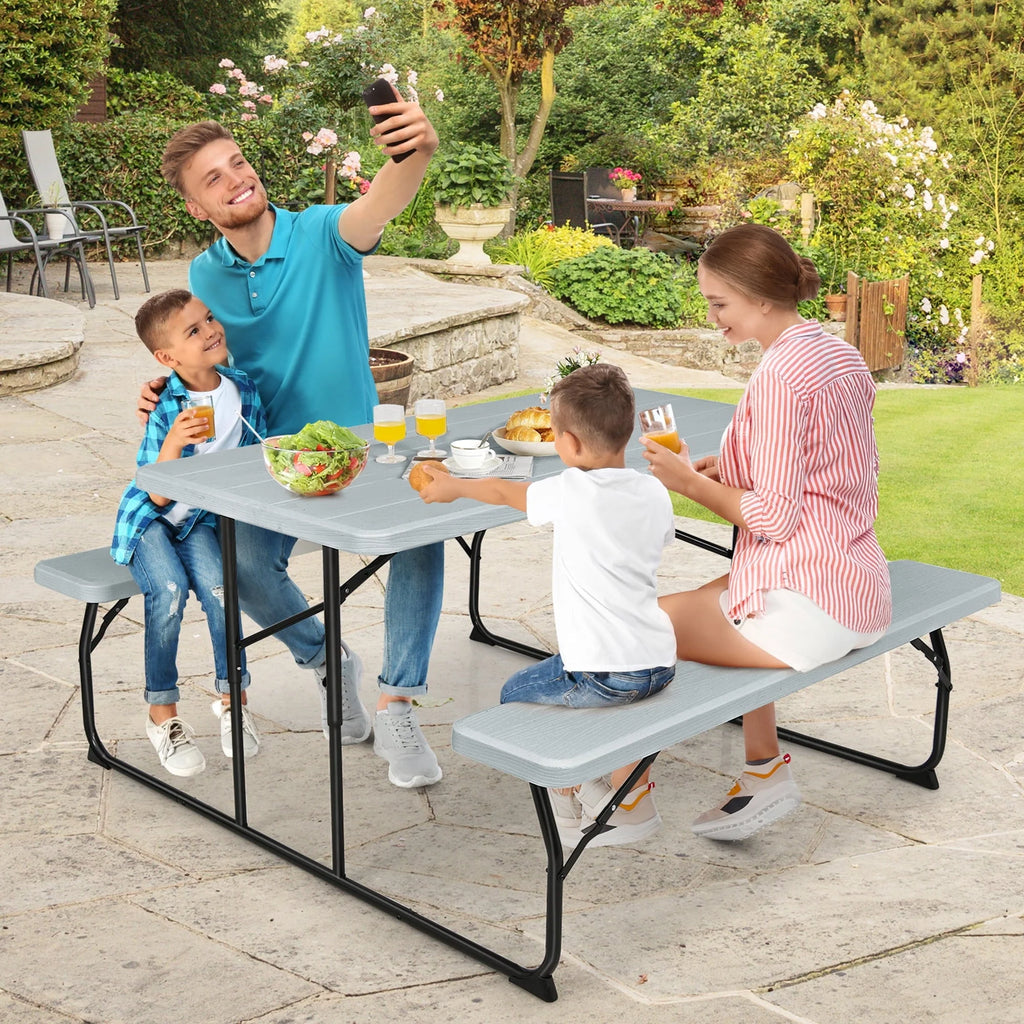 Gymax Folding Picnic Table & Bench Set for Camping BBQ w/ Steel Frame Grey