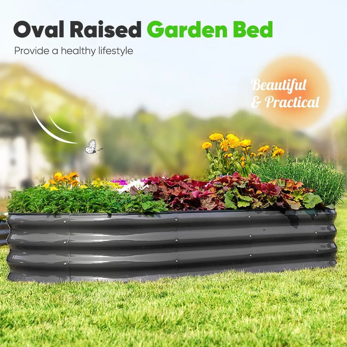 Quictent 8x3x1 ft Galvanized Raised Garden Bed Kit with Self Watering System and Mesh Cover, Large Oval Metal Outdoor Planter Garden Boxes for Vegetables Herbs Flowers