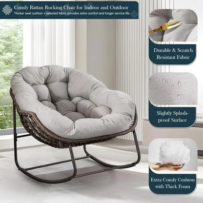 Outdoor Papasan Rocking Chair, Patio Oversized Wicker Egg Rocking Chair, Indoor & Outdoor Comfy Rocker Chair with Thick Cushion, Modern Lounge Chair for Front Porch, Garden, Backyard, Grey
