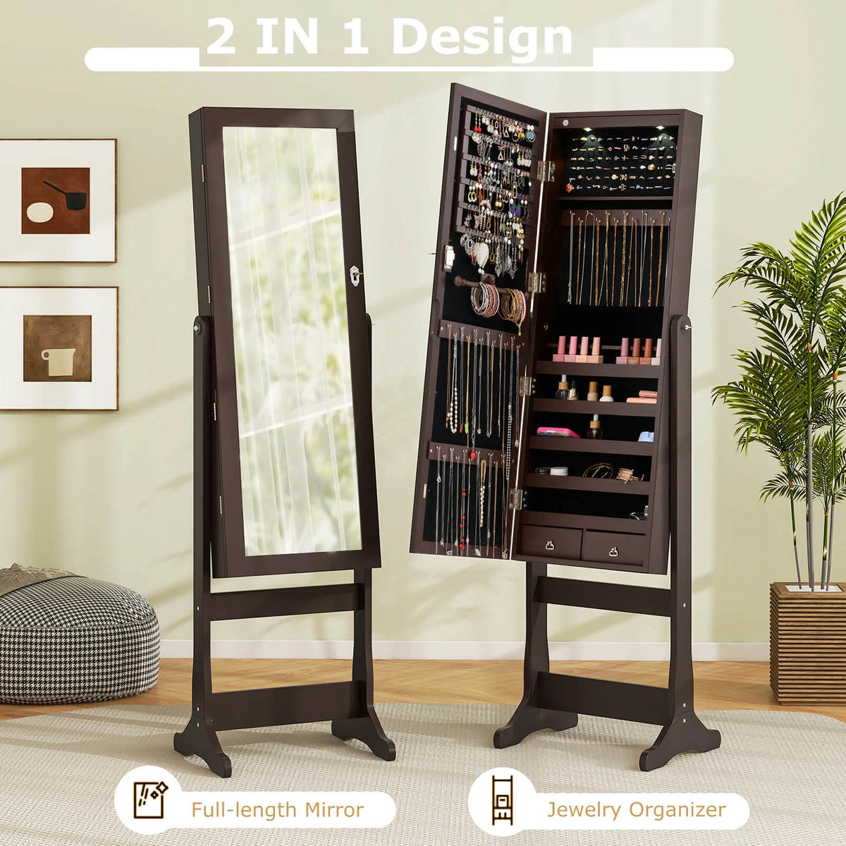 Costway Contemporary MDF Jewelry Cabinet with LED Lights in Brown
