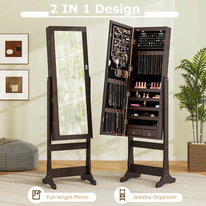Costway Contemporary MDF Jewelry Cabinet with LED Lights in Brown