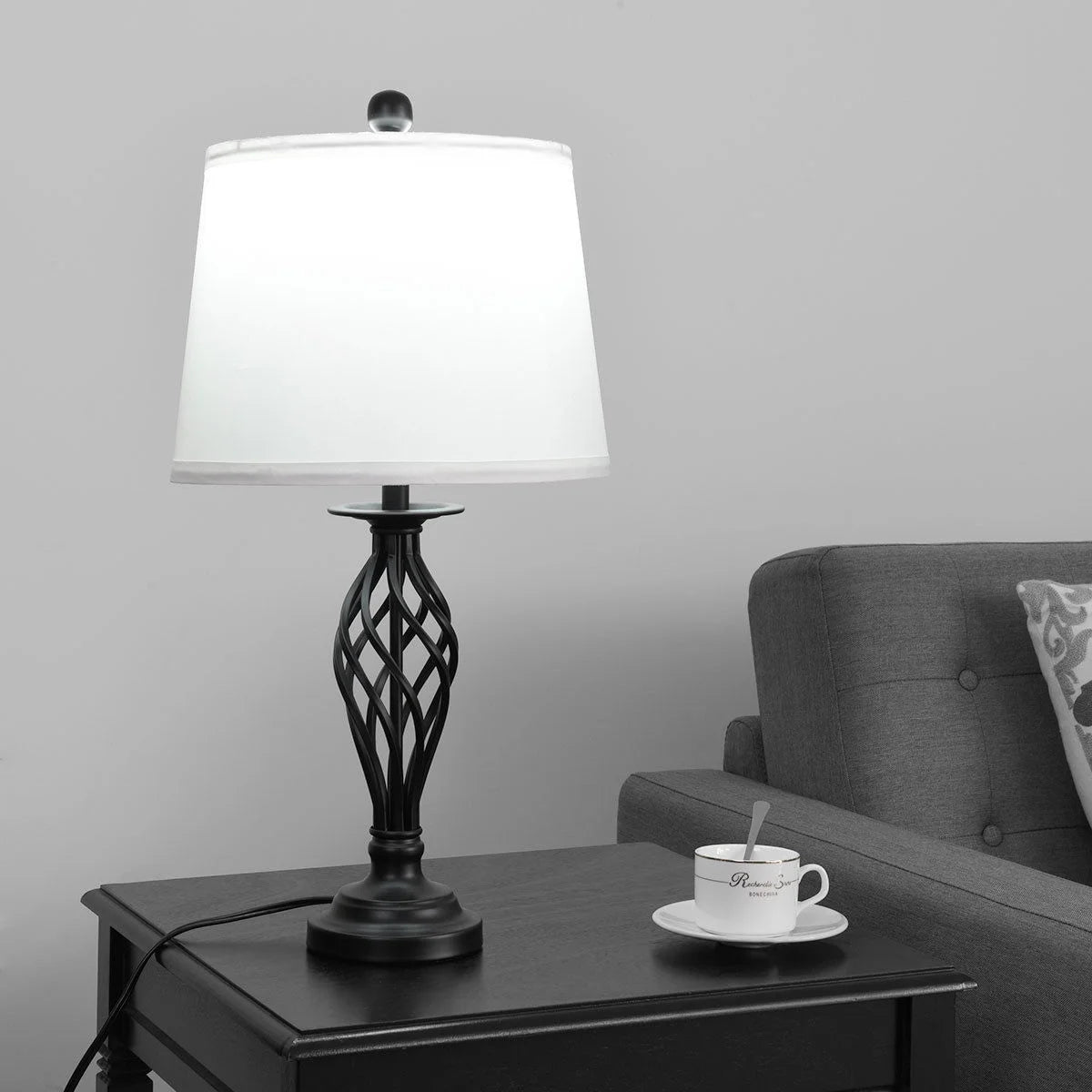 Gymax 3-Piece Lamp Set 2 Table Lamps 1 Floor Lamp Fabric Shades Living Room Bedroom