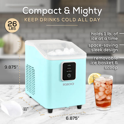 Igloo Self-Cleaning Countertop Ice Maker - Compact and Portable - Creates 26 lbs. Per Day, 8 Pieces Ready Every 7-8 Minutes - Includes Ice Scoop and Basket - Aqua