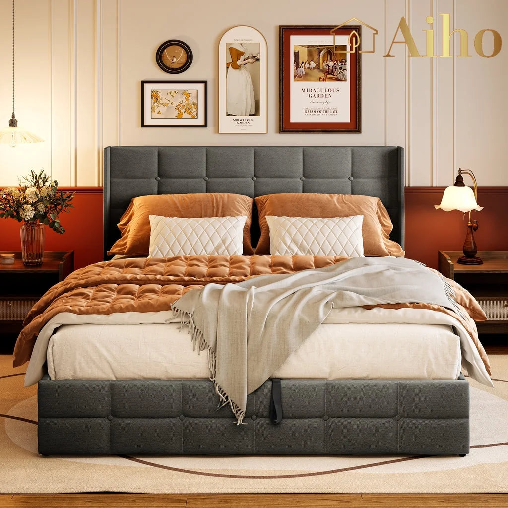 Aiho Full Lift Up Storage Bed, Full Size Bed Frame with Big Underneath Storage & Modern Wingback Headboard & No Box Spring Needed - Gray