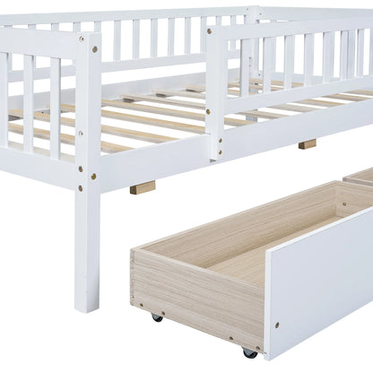 Holaki Twin Size Wood Bed with Guardrails and 2 Storage Drawers for Kids, Gray