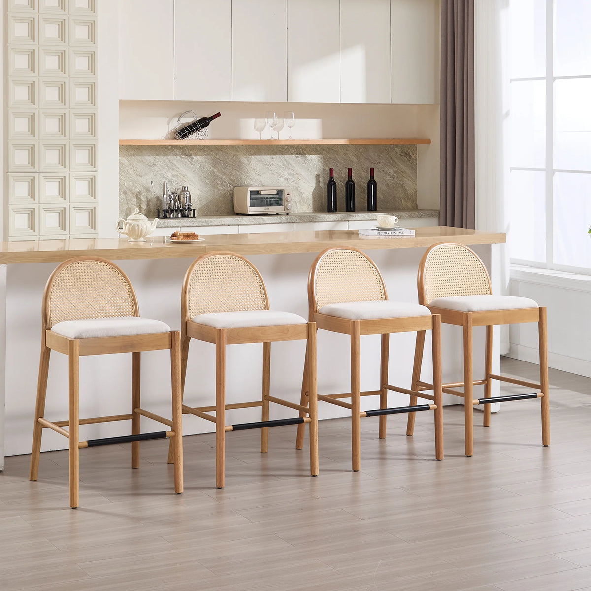 Guyou Modern Bar Stools Set of 2, 26" Counter Height Bar Stools with Natural Rattan Back and Solid Wood Frame, Sherpa Upholstered Kitchen Island Chairs for Bar Island Cafe Kitchen, Black