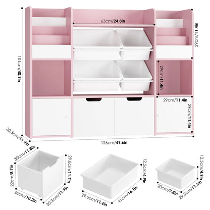 Hiphuta Kids Bookcase Toy Storage Organizer, Wooden Toy Organizer of 4 Bins& 2 Removable Drawers for Home Bedroom, Kids Bookshelf Toy Box with Book Rack, White