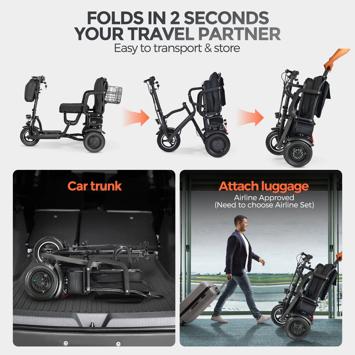 BAMACAR 3-Wheel Folding Mobility Scooter Lightweight for Seniors & Adults 300 lbs, Portable Powered Handicap All Terrain Travel Scooter, Mobility Scooters Foldable Collapsible Electric Scooters Black