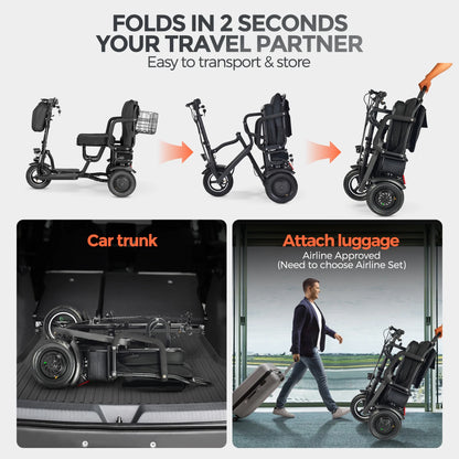 BAMACAR 3-Wheel Folding Mobility Scooter Lightweight for Seniors & Adults 300 lbs, Portable Powered Handicap All Terrain Travel Scooter, Mobility Scooters Foldable Collapsible Electric Scooters Black