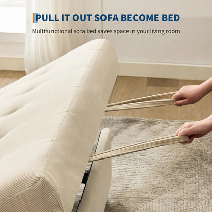 Beige 3-in-1 Convertible Sleeper Sofa Bed with Pull-Out Bed Corduroy Futon with Adjustable Backrest