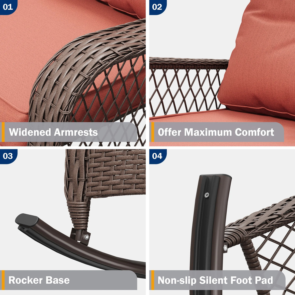 ELPOSUN 3-Piece Outdoor Rocking Chairs, Wicker Patio Furniture with Thickened Cushions and Table for Porch