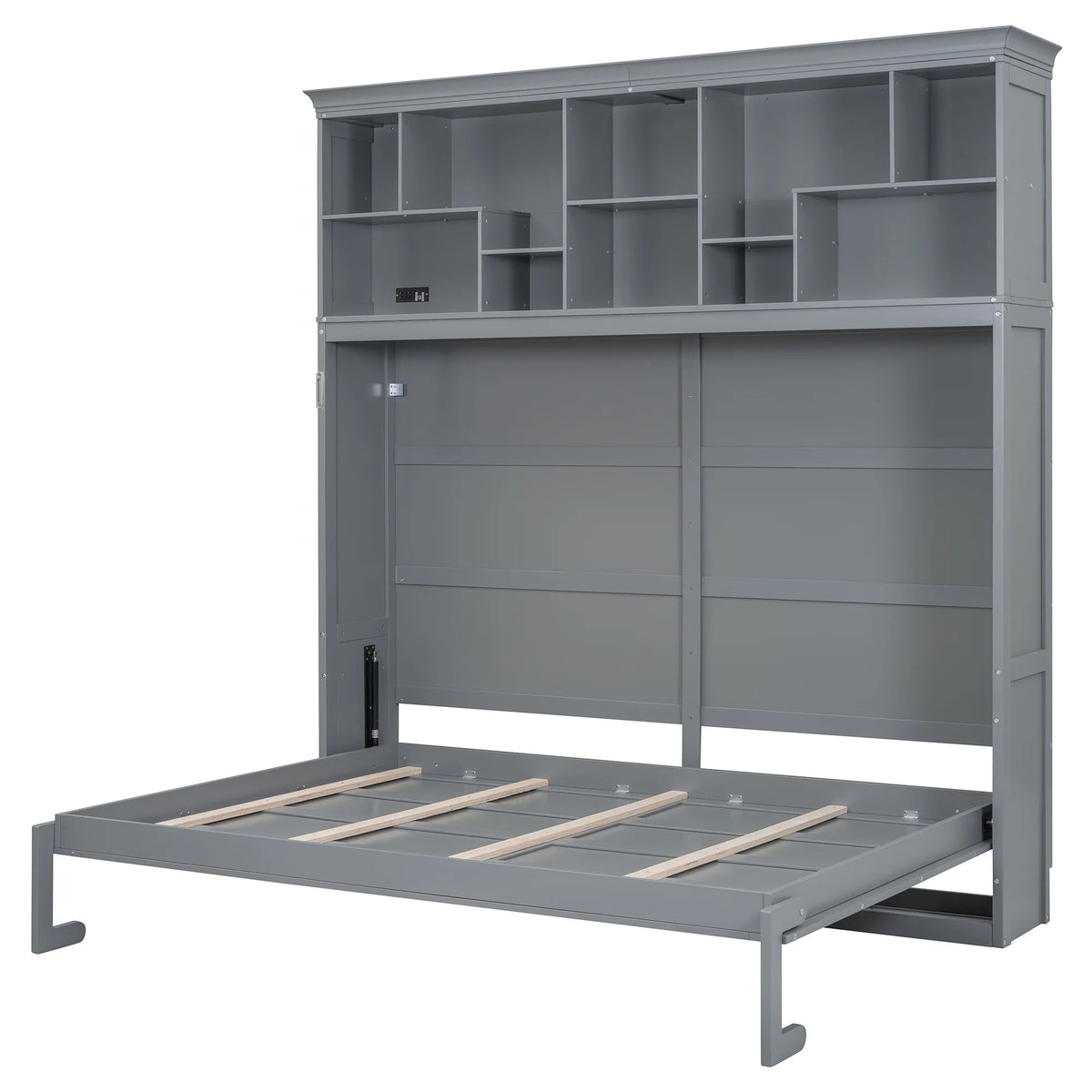 Queen Size Murphy Bed Wall Bed with Top Shelves & USB Charging, Space-Saving Cabinet Bed with Flexible Slats, Gray Modern Foldable Bed