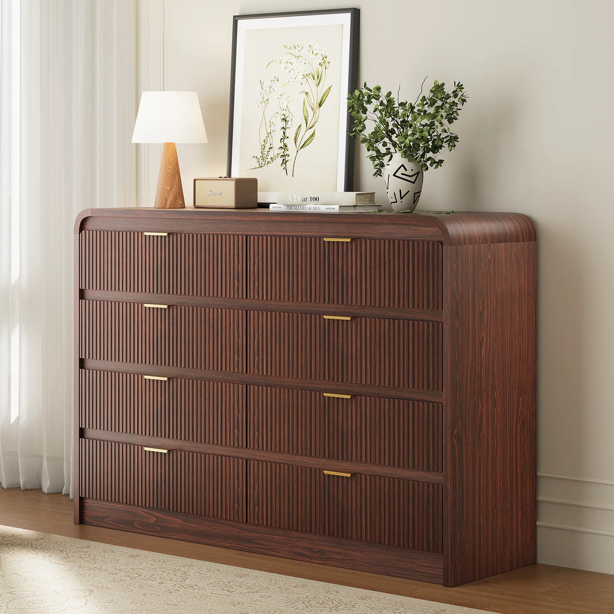 SELOOYE Fluted 5 Drawers Dresser for Bedroom, 47" Tall Modern Dresser Chest of Drawers, Black Accents, Fluted Fronts, Wood Storage Dressers Organizer for Bedroom, Living Room, Natural