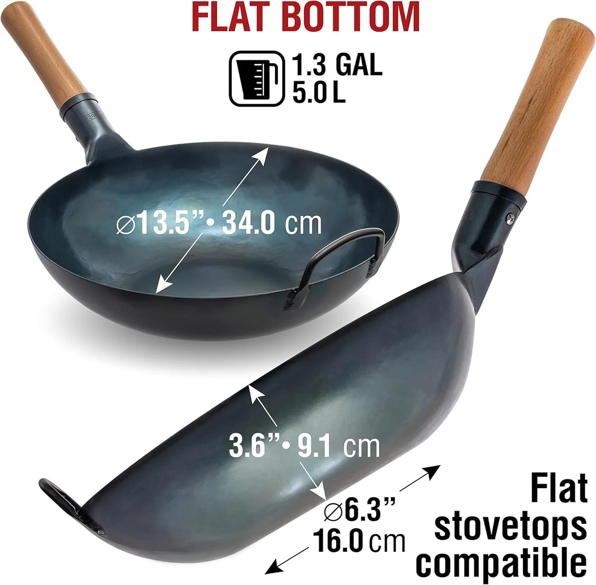 YOSUKATA 13.5" Carbon Steel Wok Pan �C Pre-Seasoned Flat Bottom Wok for Stir Fry, BBQ & Camping �C Works with Induction, Gas, Electric & Open Fire