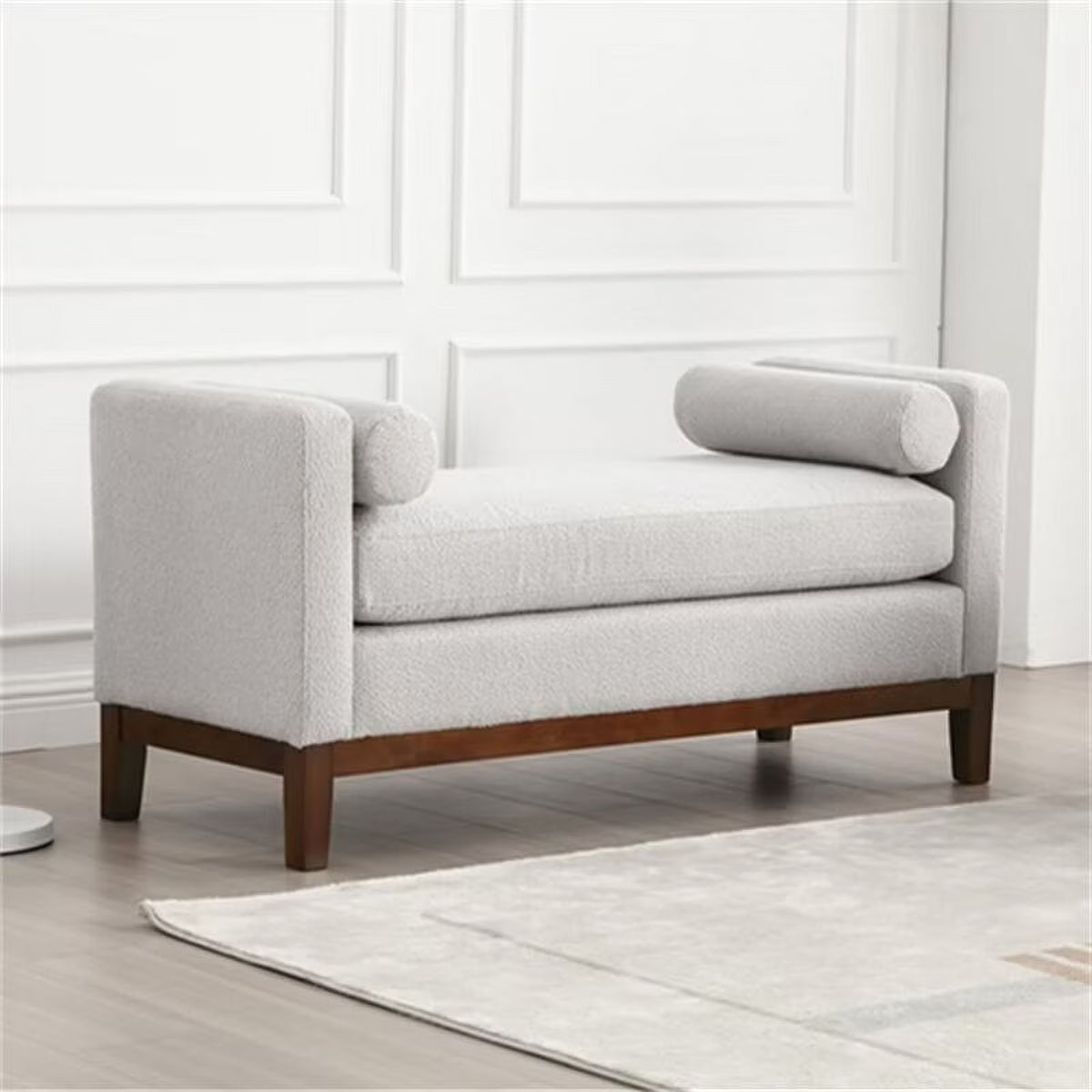 End of Bed Bench, 53.5" Boucle Fabric Upholstered Entryway Bench with Wood Legs & Bolster Pillows, Rolled Arm Cushioned Ottoman Foot Rest Long Stool Window Extra Seating for Bedroom, Ivory