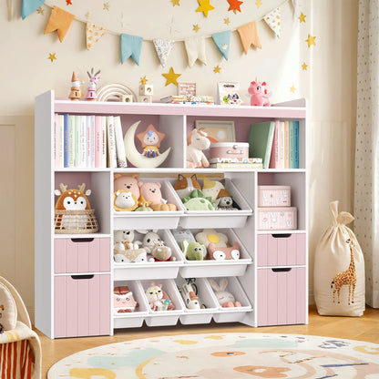 Homfa Kids Toy Storage Organizer with Cubby, Kids Toy Storage Chest with Removable Drawers, Kids Bookcase for Playroom Bedroom Living Room, Pink