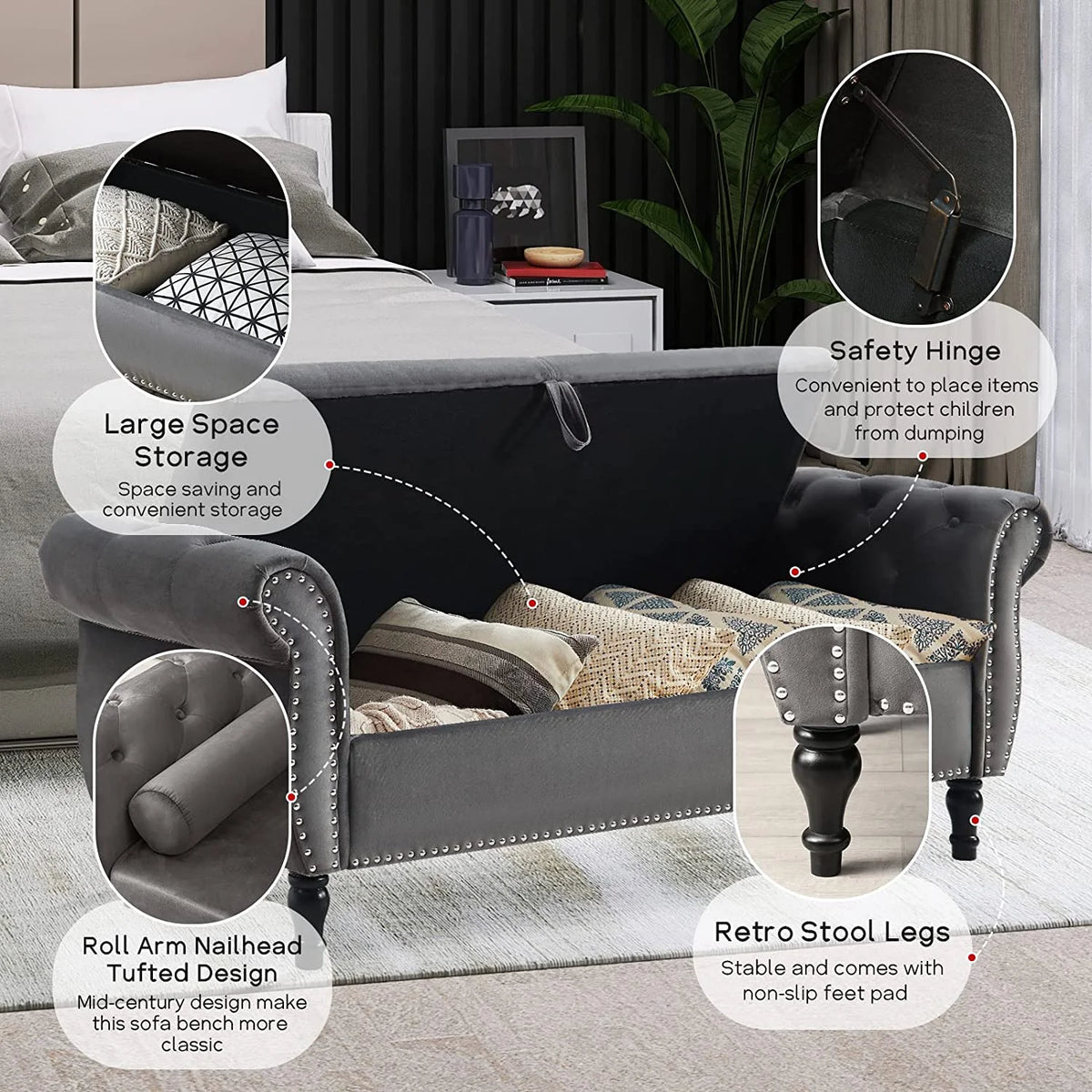 Sumdeal 43.5" Storage Ottoman Bench with 250lb Seating, Linen Upholstered Wood Legs Safety Hinge Flip Top Oval Foot Rest Long Stool for Sofa Couch Bedroom End of Bed Living Room Entryway, White