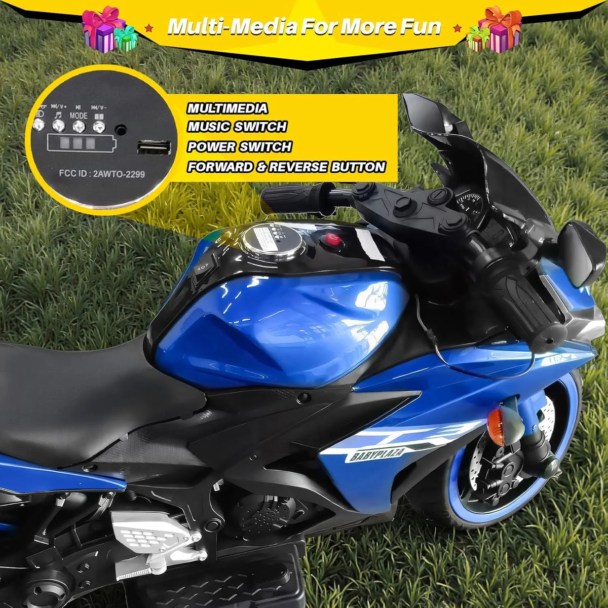 2 Seats Electric Dirt Bike Motorcycle for Kid 3-8, 12V Kids Motorcycle with Manual Throttle, Lighting Wheels, Music Function, Max Load 99LB (Blue)