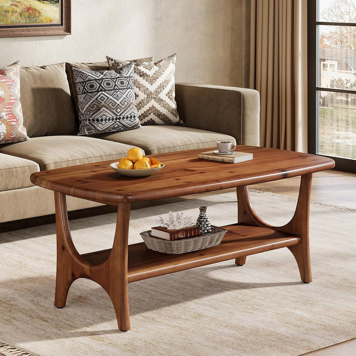 Fimind Solid Wood Coffee Table, 47.24" Mid-Century Modern Rectangle Center Table with 2-Tier Storage Shelf for Living Room, Small Space