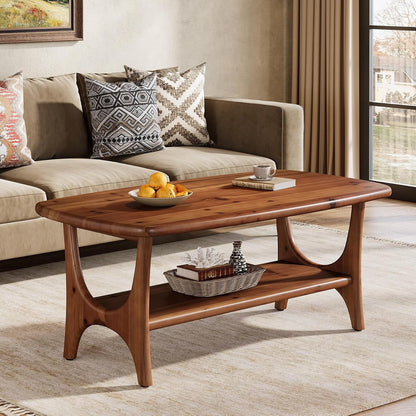 Fimind Solid Wood Coffee Table, 47.24" Mid-Century Modern Rectangle Center Table with 2-Tier Storage Shelf for Living Room, Small Space