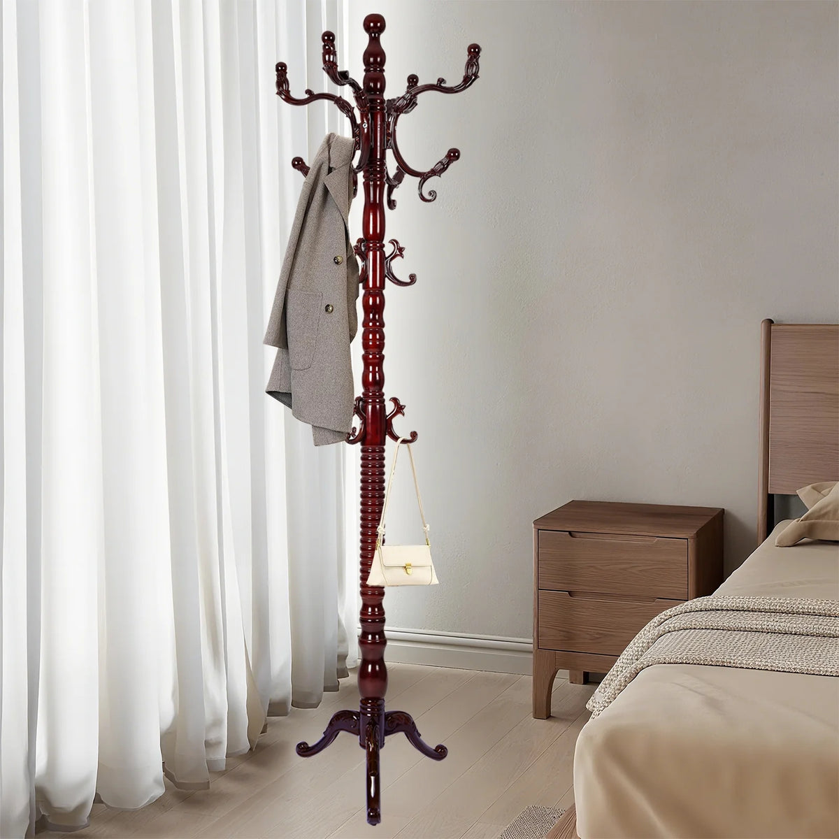Coat Rack Freestanding, Hall Tree with 11 Hooks, Heavy Duty Wooden Coat Tree Stand, Adjustable Height, Sturdy Base for Bedroom Hallway Office - Load 270lbs