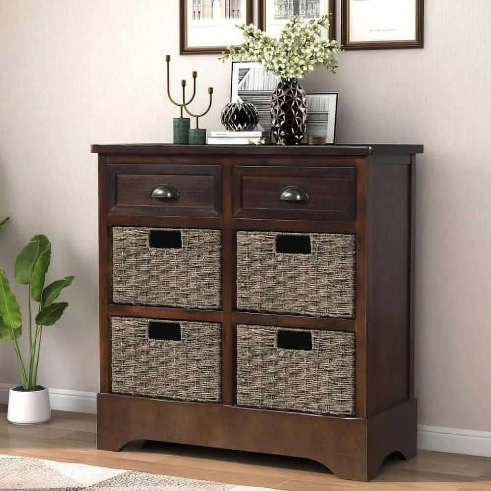 Rustic Storage Cabinet, Wood Accent Cabinet with 2 Drawers and 4 Rattan Baskets,Entryway Console Table Sofa Table for Living Room,Dining Room,White Washed